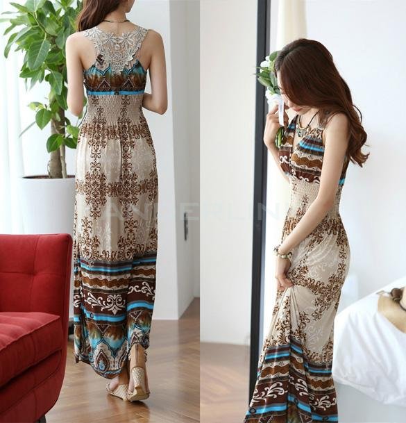 New Maxi Lace Back Sexy Women Summer Bohemia V-Neck Long Beach Dresses