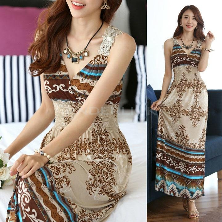 New Maxi Lace Back Sexy Women Summer Bohemia V-Neck Long Beach Dresses