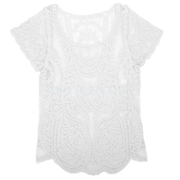 unknown Women Summer Sexy Hollow-Out Blouse Embroidered Floral Lace Crochet Short Sleeve Shirt knitwear