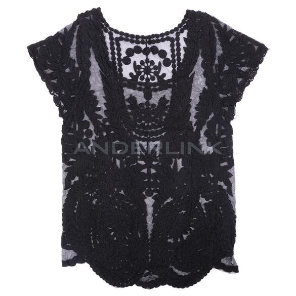 unknown Women Summer Sexy Hollow-Out Blouse Embroidered Floral Lace Crochet Short Sleeve Shirt knitwear