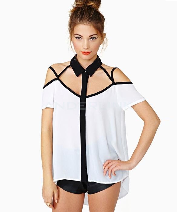 unknown Women's Hollow Out Off Shoulder Blouse Chiffon Splicing Tops