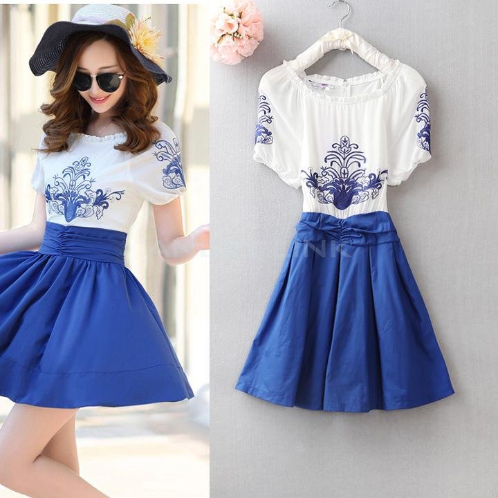 unknown Women Slim Crew Neck Short Sleeve Embroidery Peplum Dress