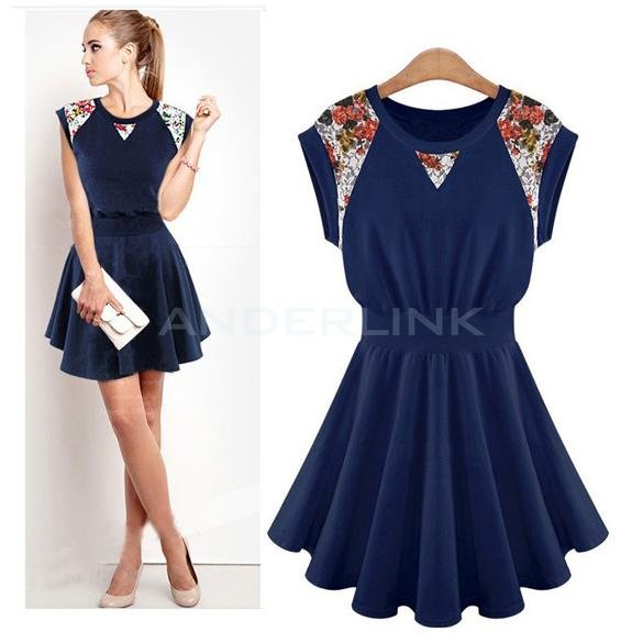 New Womens Round Neck Lace Shoulder Cap Sleeve Sleeveless Slim Mini Dress Skirt