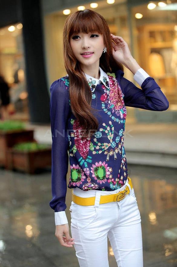 unknown Korean Fashion Womens Vintage Style Long Sleeve Sheer Tops Lace Shirt Chiffon Blouse
