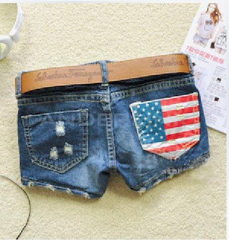 unknown Women's Cool Denim Wash Distressed American Flag Low Waist Short Pants Jeans Trousers Hot Pant
