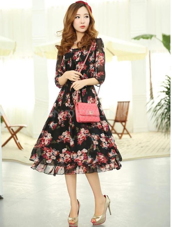 unknown Summer Sweet Women's Chiffon Floral Printed 3/4 Sleeve Long Dress Skirt 3 Colors