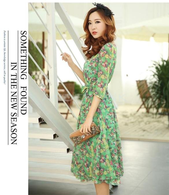 unknown Summer Sweet Women's Chiffon Floral Printed 3/4 Sleeve Long Dress Skirt 3 Colors