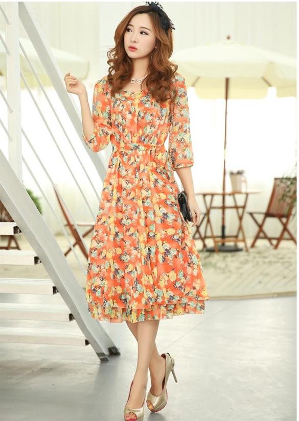unknown Summer Sweet Women's Chiffon Floral Printed 3/4 Sleeve Long Dress Skirt 3 Colors