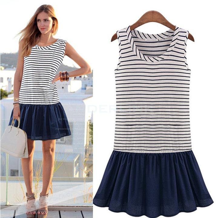 unknown Women's Fashion Lady Striped-Neck Mini Dresses The Patchwork Dress Sleeveless Casual Dresses