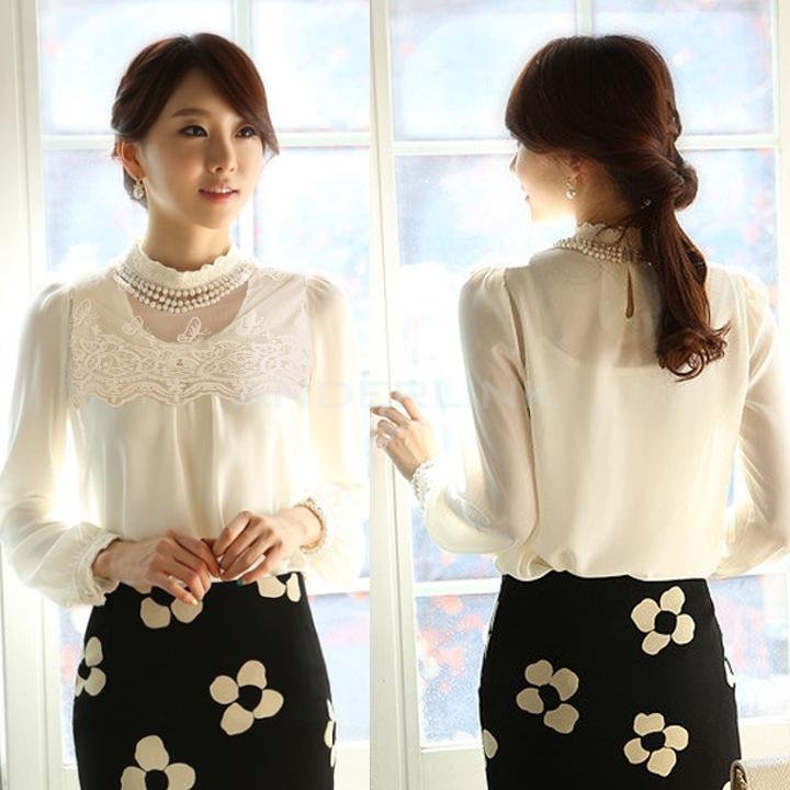 New Women Long Sleeve Sheer Lace Floral Chiffon Casual Tops Blouse Shirt White