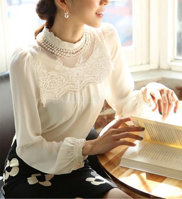New Women Long Sleeve Sheer Lace Floral Chiffon Casual Tops Blouse Shirt White New Women Long Sleeve Sheer Lace Floral Chiffon Casual Tops Blouse Shirt White