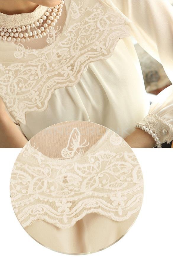 New Women Long Sleeve Sheer Lace Floral Chiffon Casual Tops Blouse Shirt White