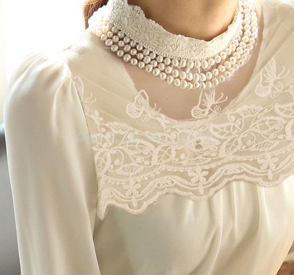 New Women Long Sleeve Sheer Lace Floral Chiffon Casual Tops Blouse Shirt White