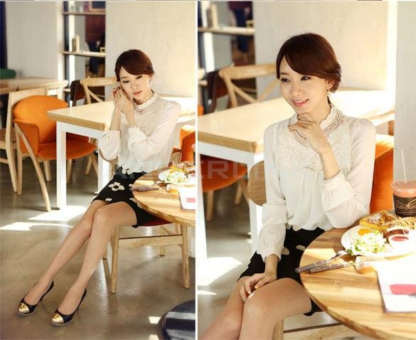 New Women Long Sleeve Sheer Lace Floral Chiffon Casual Tops Blouse Shirt White