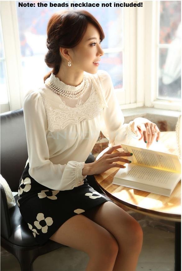 New Women Long Sleeve Sheer Lace Floral Chiffon Casual Tops Blouse Shirt White