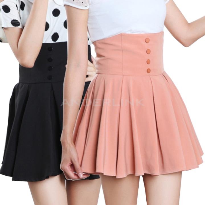 New Hot Women's Girls High Waist Pleated Button Mini Skirt Pink Black