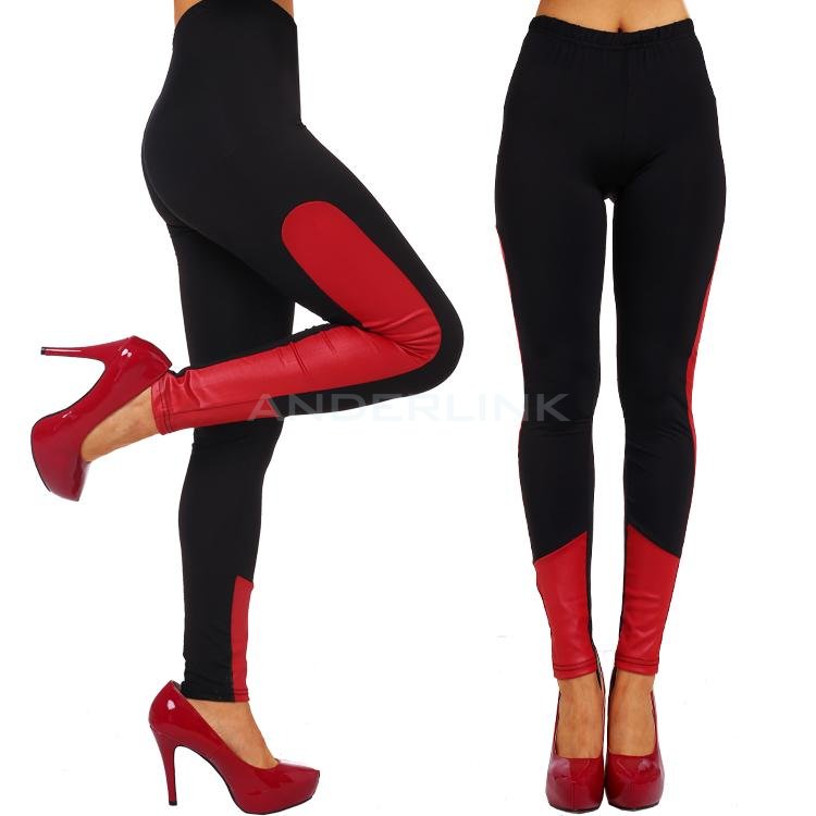 unknown New Punk Women Solid Color Bandage Bodycon Joint BLACK/Red/Camel/White Elastic Leggings