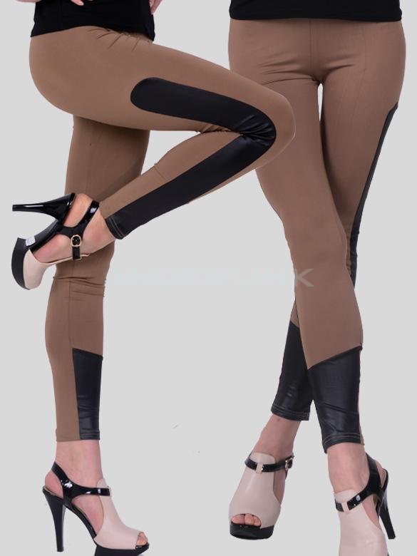 unknown New Punk Women Solid Color Bandage Bodycon Joint BLACK/Red/Camel/White Elastic Leggings
