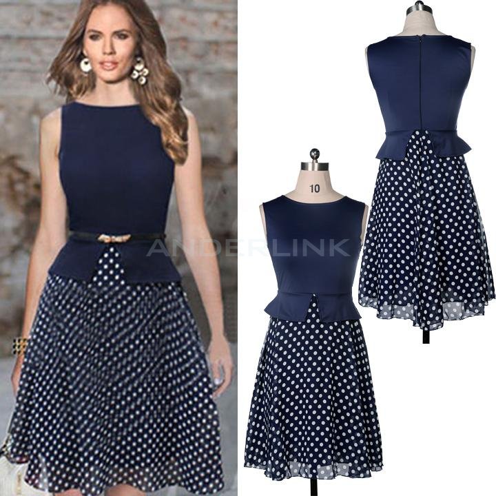 unknown Women's Vintage Celeb Belted Polka Dot Party Wear To Work Chiffon Tunic Dress