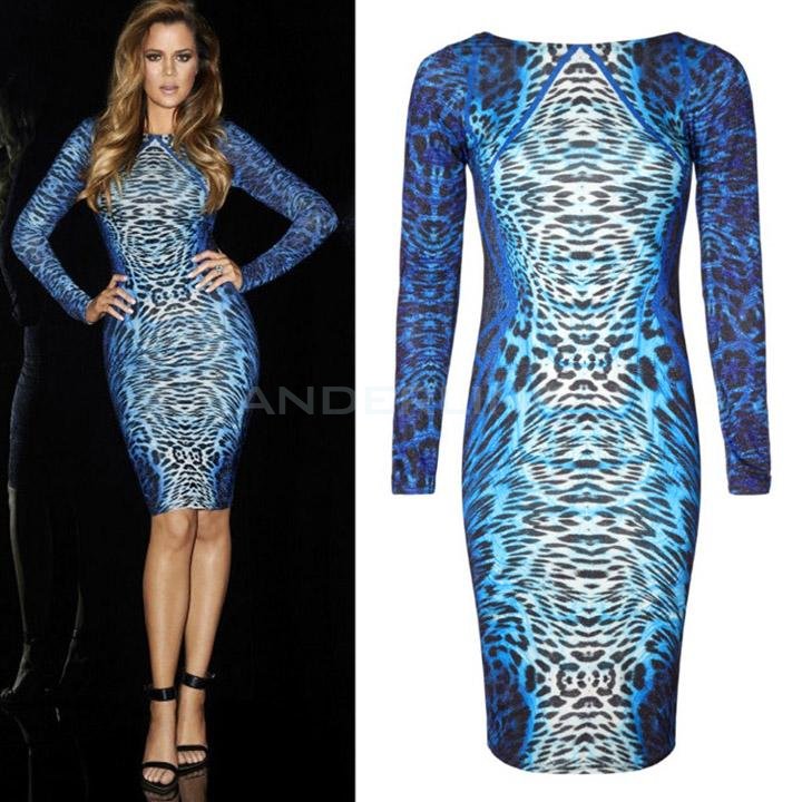 unknown Long Sleeve Knee-Length Blue Leopard Print Dress Women Bodycon Dress Pencil Dress
