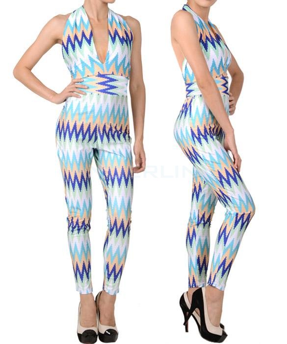 Colorful Stripe Deep V-neck Jumpsuits Club Bandage Bodycon Dresses For Women