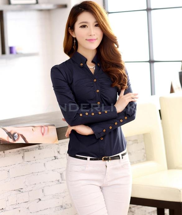 unknown New Elegant OL Office Style Button Lapel Long Sleeve Slim Fitted Shirt Tops
