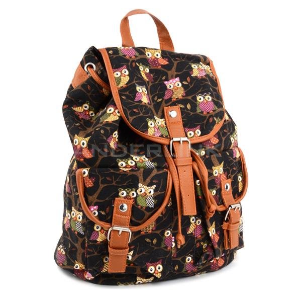 unknown Women Cute Cartoon Owls Pattern Canvas Backpack Shoulder Bag Students Schoolbag Book Bag