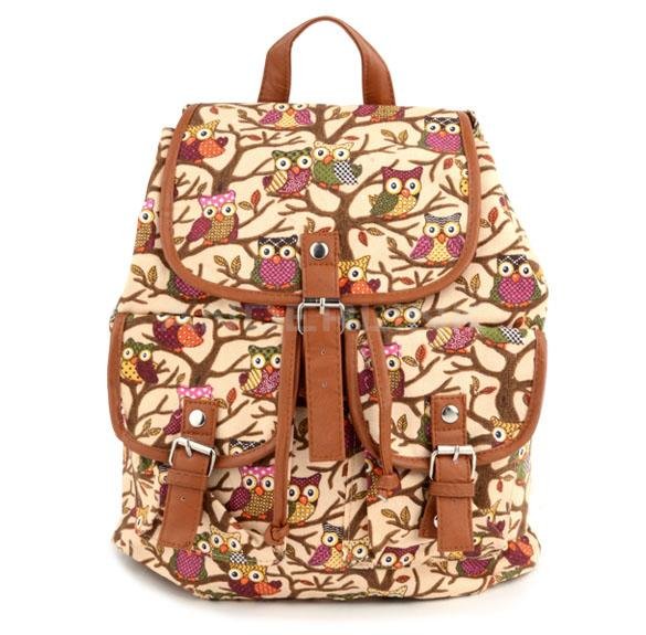 unknown Women Cute Cartoon Owls Pattern Canvas Backpack Shoulder Bag Students Schoolbag Book Bag