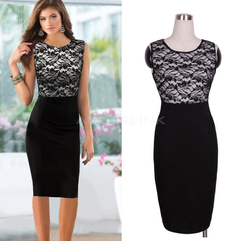 unknown New Contrast Style Lace Splicing Ladies Black Pencil Evening Slimming Panel Tea Dress