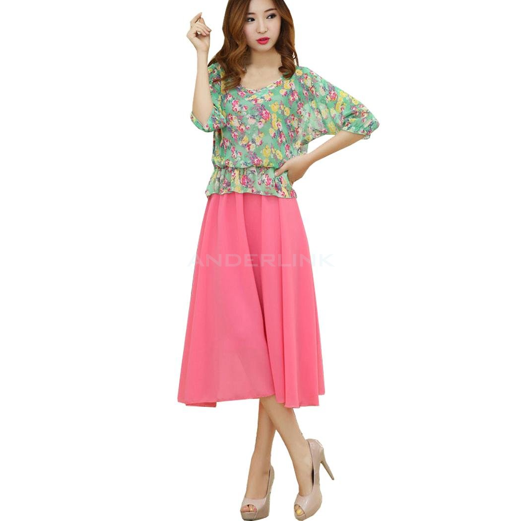 unknown Women's New Summer Casual Flower Print Chiffon Dress Beach Ladies Dress