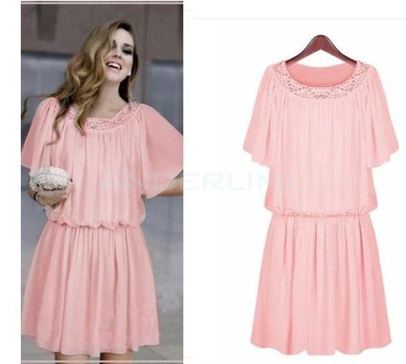 unknown Women's Summer Sexy Short Sleeve Chiffon Dresses Loose Ladies Casual Knee-length Dress