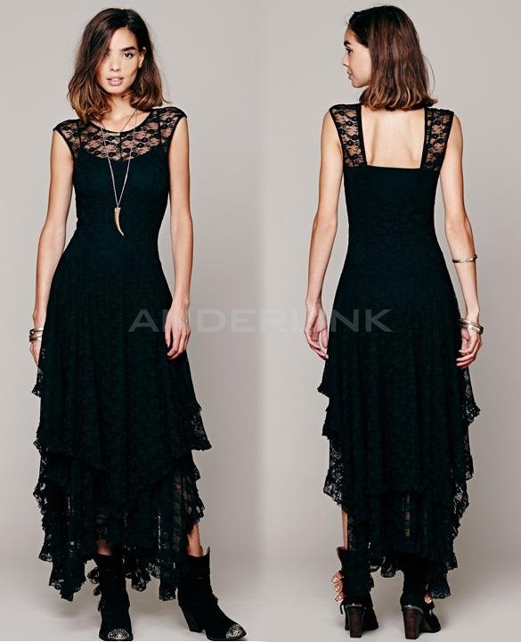 Womens Sheer Lace Double Layered Hollow Out Evening Backless Long Dress Beach Overall