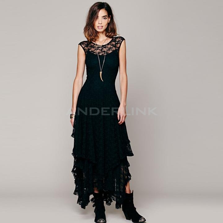 unknown Womens Sheer Lace Double Layered Hollow Out Evening Backless Long Dress Beach Overall