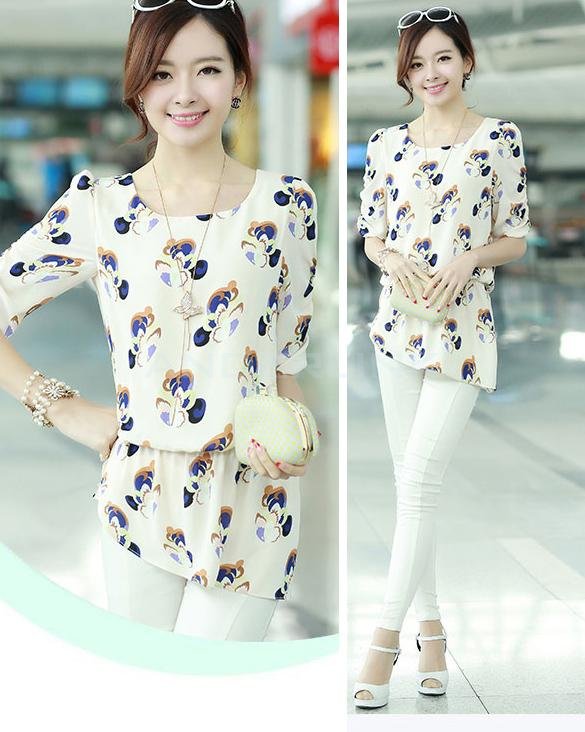 unknown Women's New Casual Flower/Pattern Print Chiffon Shirt Tops Blouse