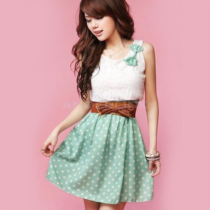 unknown New Korean Fashion Style Polka Dot Sweet Lovely Mini Dress Orange/Green Lace Top With Belt