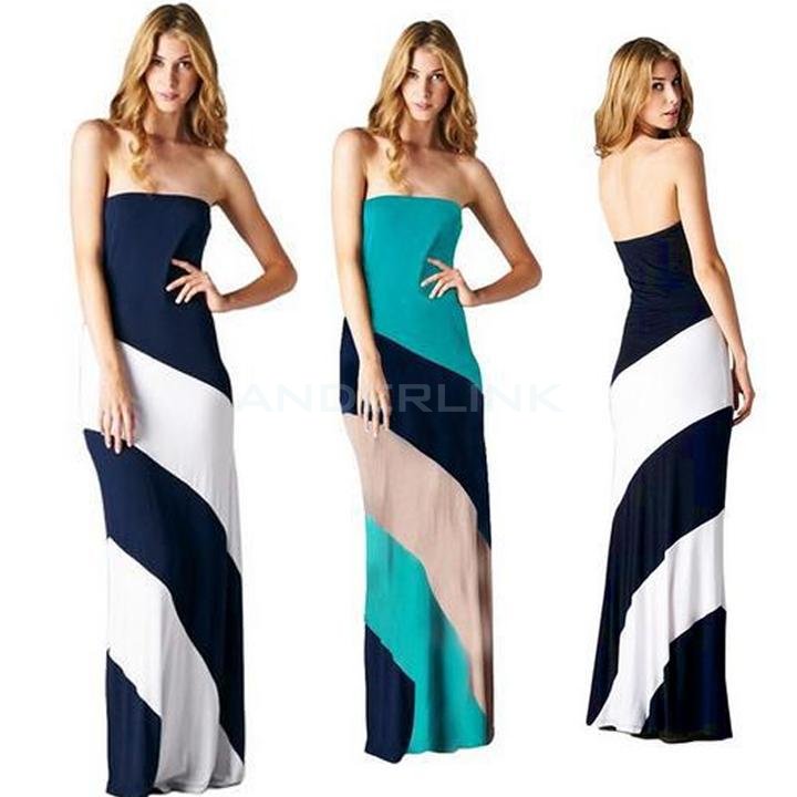 Women Striped Maxi Dress Strapless Black White Jersey Long Color Block