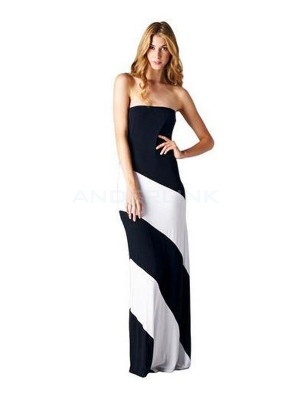 Women Striped Maxi Dress Strapless Black White Jersey Long Color Block