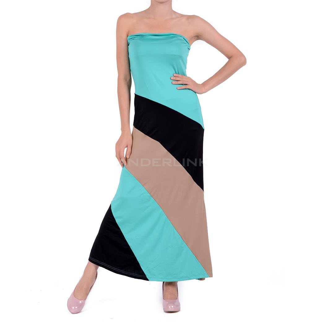 Women Striped Maxi Dress Strapless Black White Jersey Long Color Block