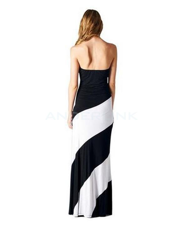 Women Striped Maxi Dress Strapless Black White Jersey Long Color Block