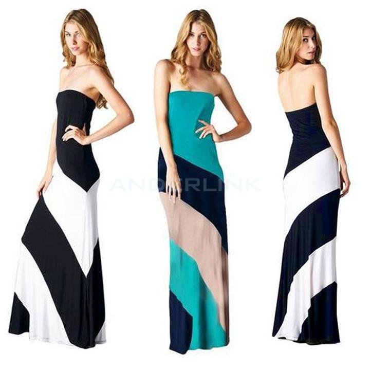 Women Striped Maxi Dress Strapless Black White Jersey Long Color Block