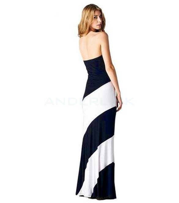 Women Striped Maxi Dress Strapless Black White Jersey Long Color Block