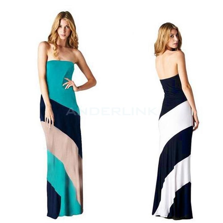 Women Striped Maxi Dress Strapless Black White Jersey Long Color Block