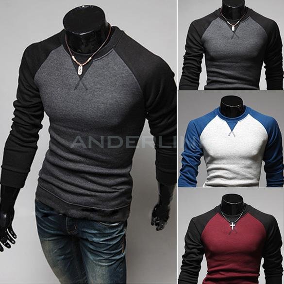 New Fashion Men's Round Neck Long Sleeved Color Stitching T-shirt Slim T-shirt 3 Colors
