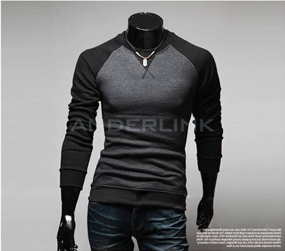New Fashion Men's Round Neck Long Sleeved Color Stitching T-shirt Slim T-shirt 3 Colors