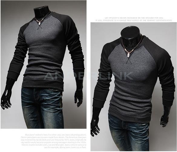 New Fashion Men's Round Neck Long Sleeved Color Stitching T-shirt Slim T-shirt 3 Colors