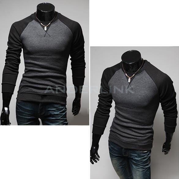 New Fashion Men's Round Neck Long Sleeved Color Stitching T-shirt Slim T-shirt 3 Colors