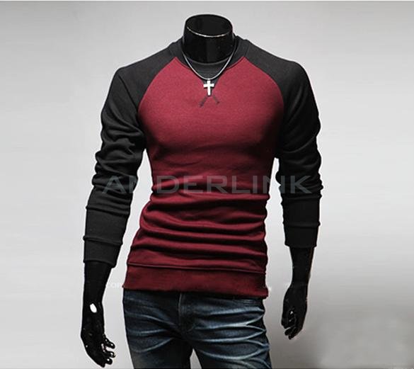 New Fashion Men's Round Neck Long Sleeved Color Stitching T-shirt Slim T-shirt 3 Colors