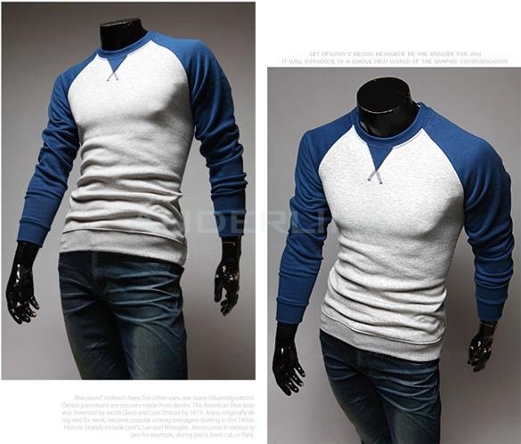 New Fashion Men's Round Neck Long Sleeved Color Stitching T-shirt Slim T-shirt 3 Colors