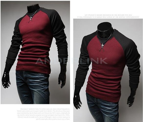 New Fashion Men's Round Neck Long Sleeved Color Stitching T-shirt Slim T-shirt 3 Colors