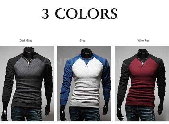 New Fashion Men's Round Neck Long Sleeved Color Stitching T-shirt Slim T-shirt 3 Colors